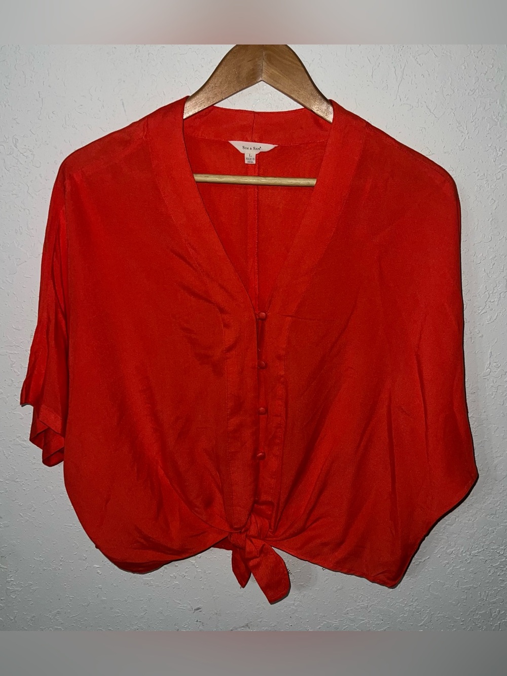 Sim and Sam Reddish Orange Button Down Tie Front CHALLI DOLMAN SLEEVE TOP Large.